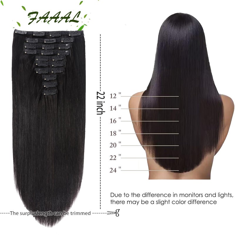 FAAAL 22" Clip in Human Hair Extensions Full Head 200g 10 Pieces 22 Clips Natural Black Double Weft Brazilian Real Remy Clip In Hair Extensions Thick Straight Silky (22",200g 1B#) - Image 2